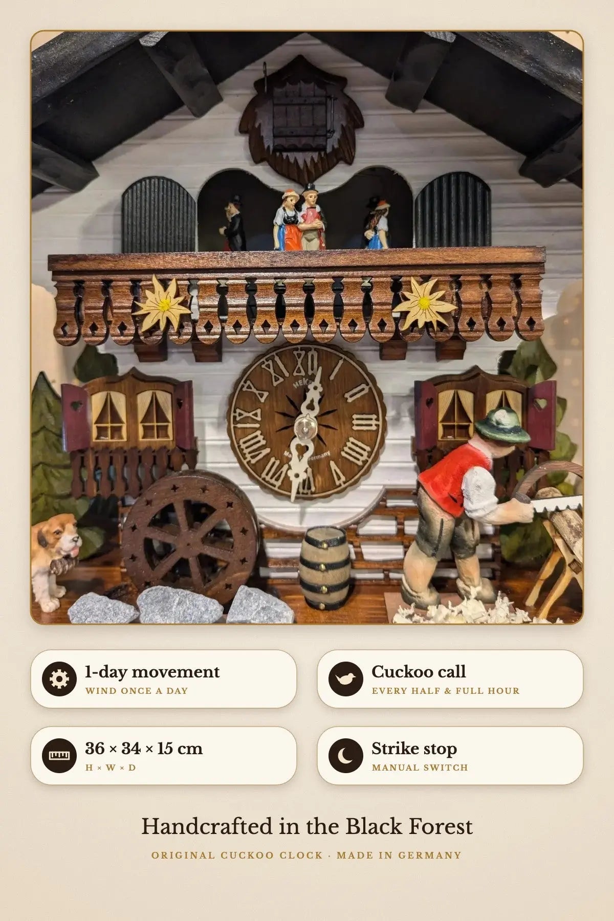 1-day movement, cuckoo call, 36 x 34 x 15 cm, manual strike stop | Montag Steins & Clocks