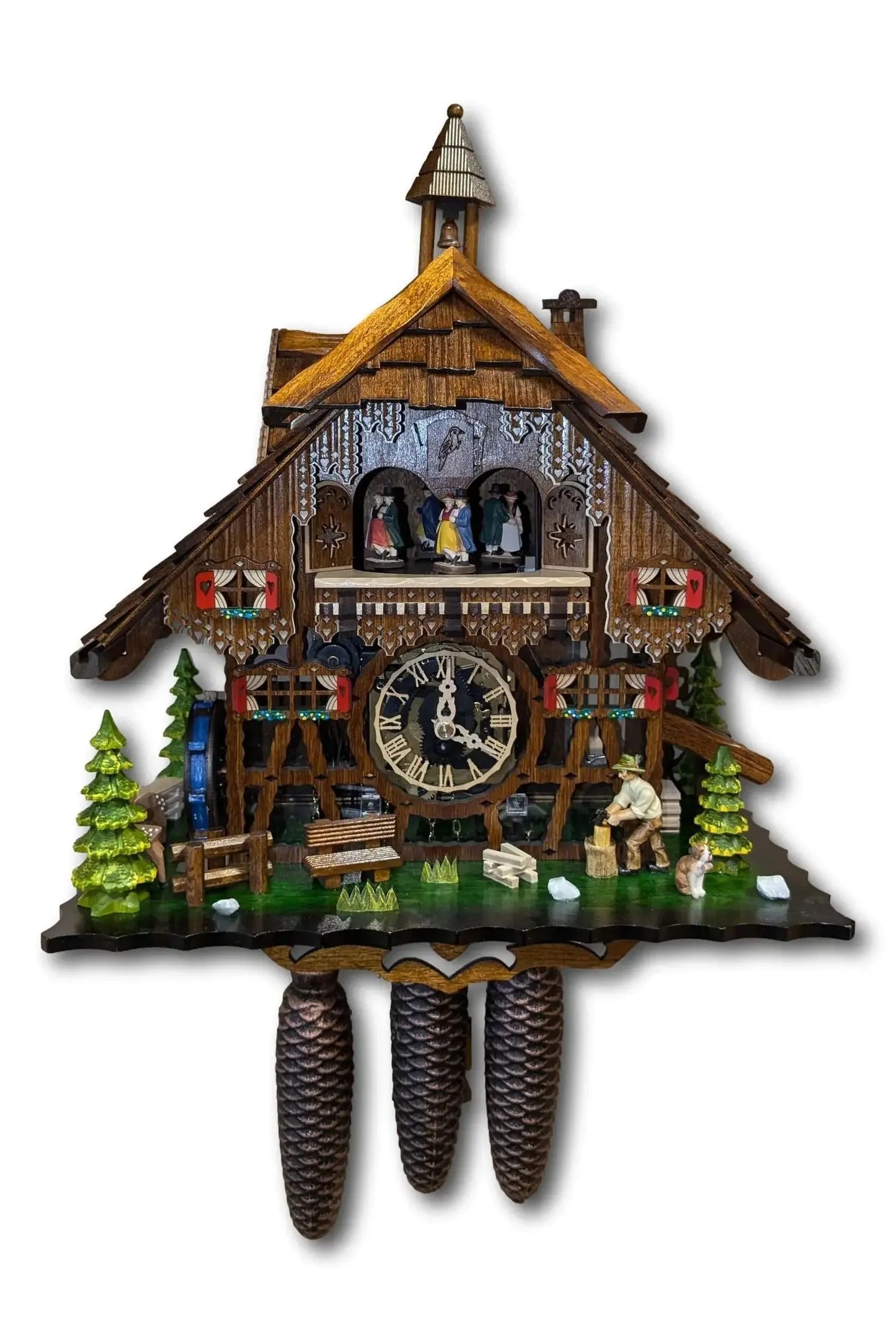 Wooden chopper with half-timbered and plexiglas, 8-day clock with music - Montag Steins & Clocks