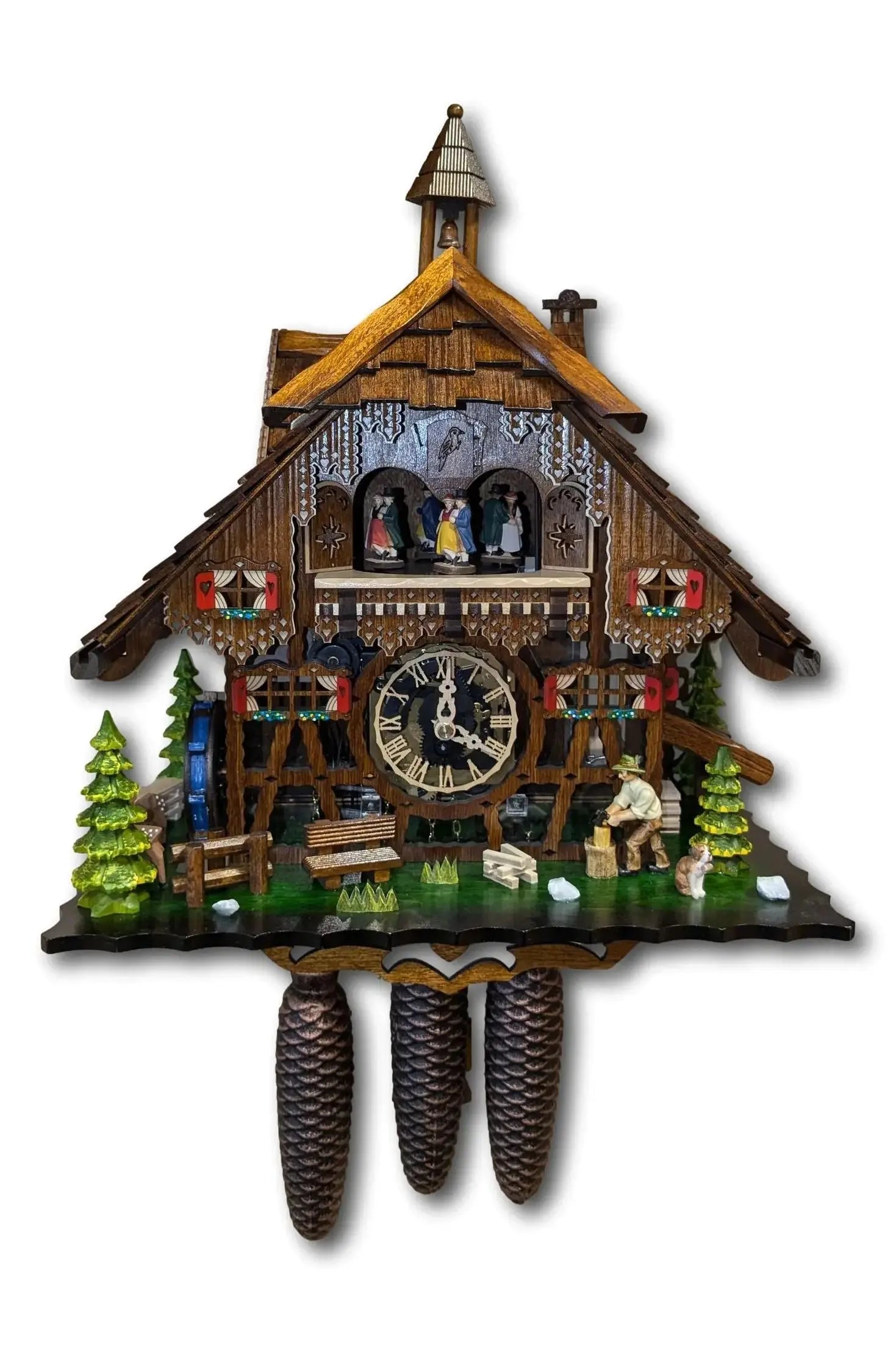 Wooden chopper with half-timbered and plexiglas, 8-day clock with music - Montag Steins & Clocks