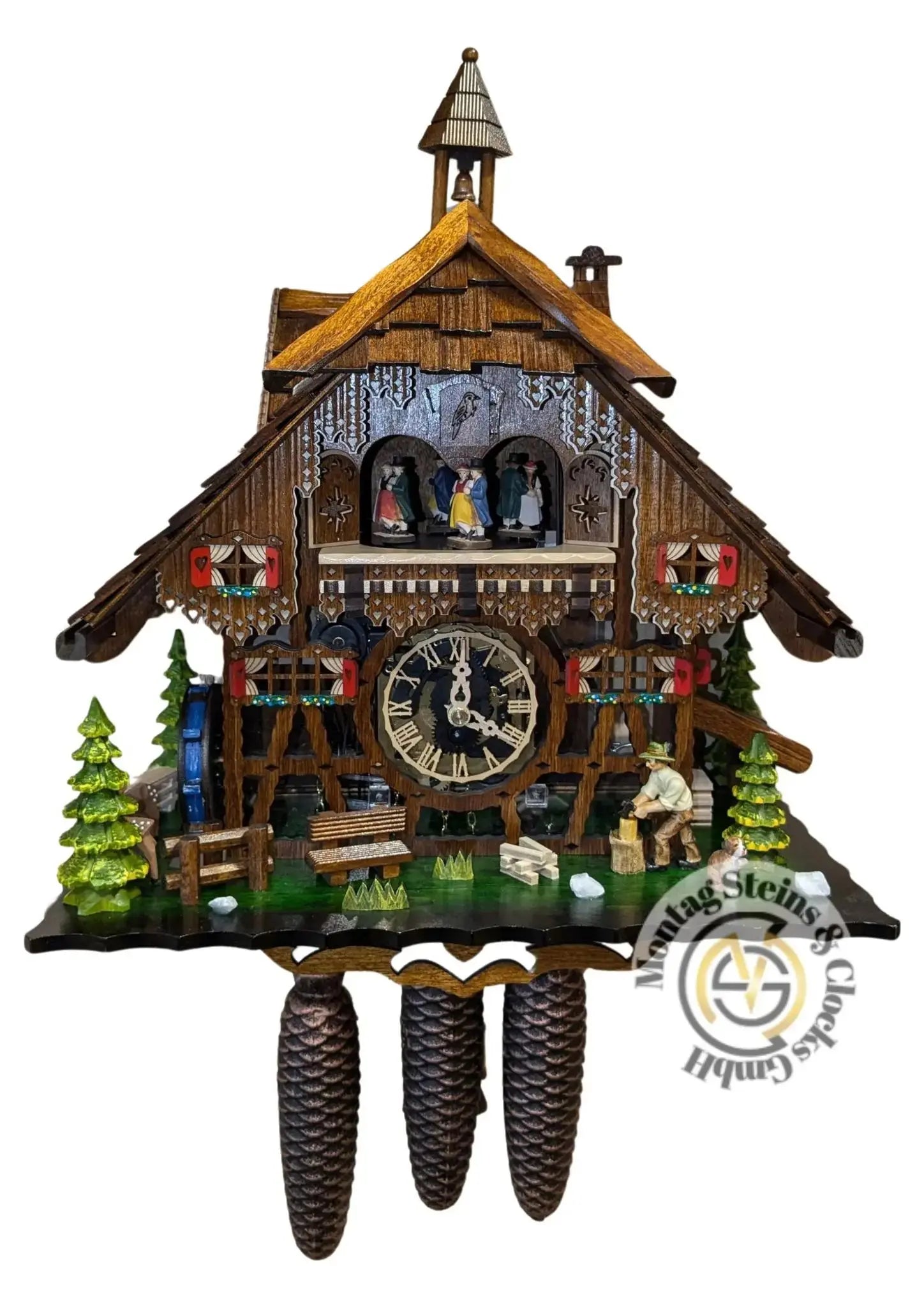 Wooden chopper with half-timbered and plexiglas, 8-day clock with music Engstler