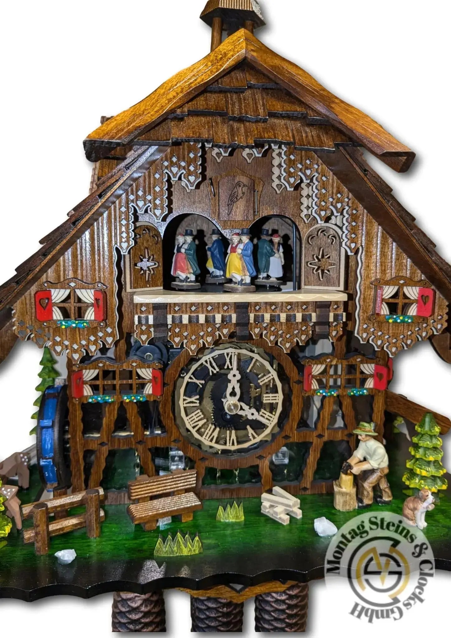 Wooden chopper with half-timbered and plexiglas, 8-day clock with music Engstler