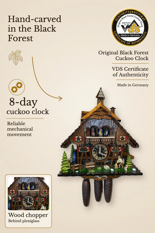 Wooden chopper with half-timbered house and plexiglass, 8-day cuckoo clock with music – VDS certified | Montag Steins & Clocks