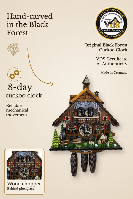 Wooden chopper with half-timbered house and plexiglass, 8-day cuckoo clock with music – VDS certified | Montag Steins & Clocks