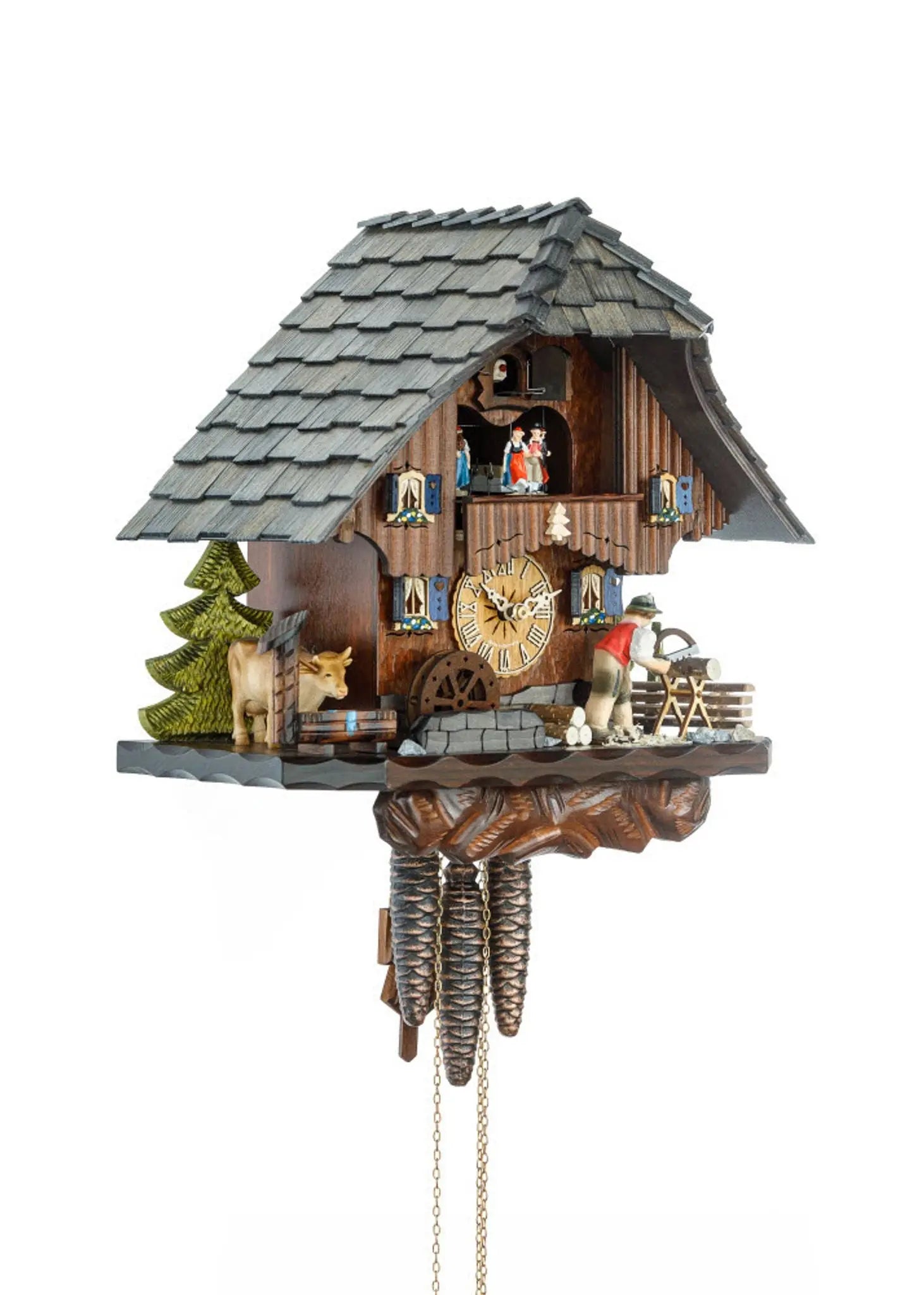 Wooden sawyer with black forest house gray roof 1 day cuckoo clock Hekas