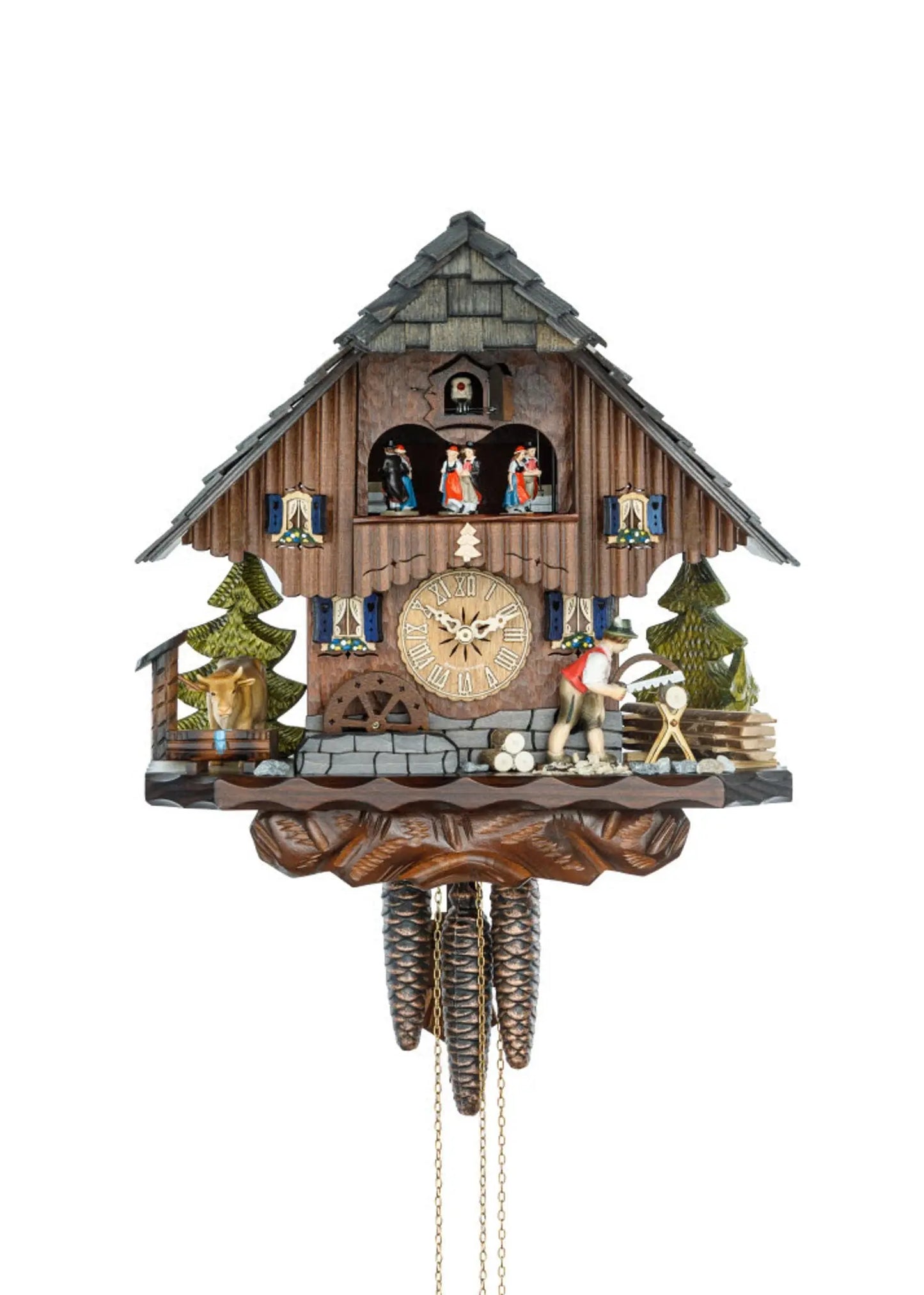 Wooden sawyer with black forest house gray roof 1 day cuckoo clock Hekas
