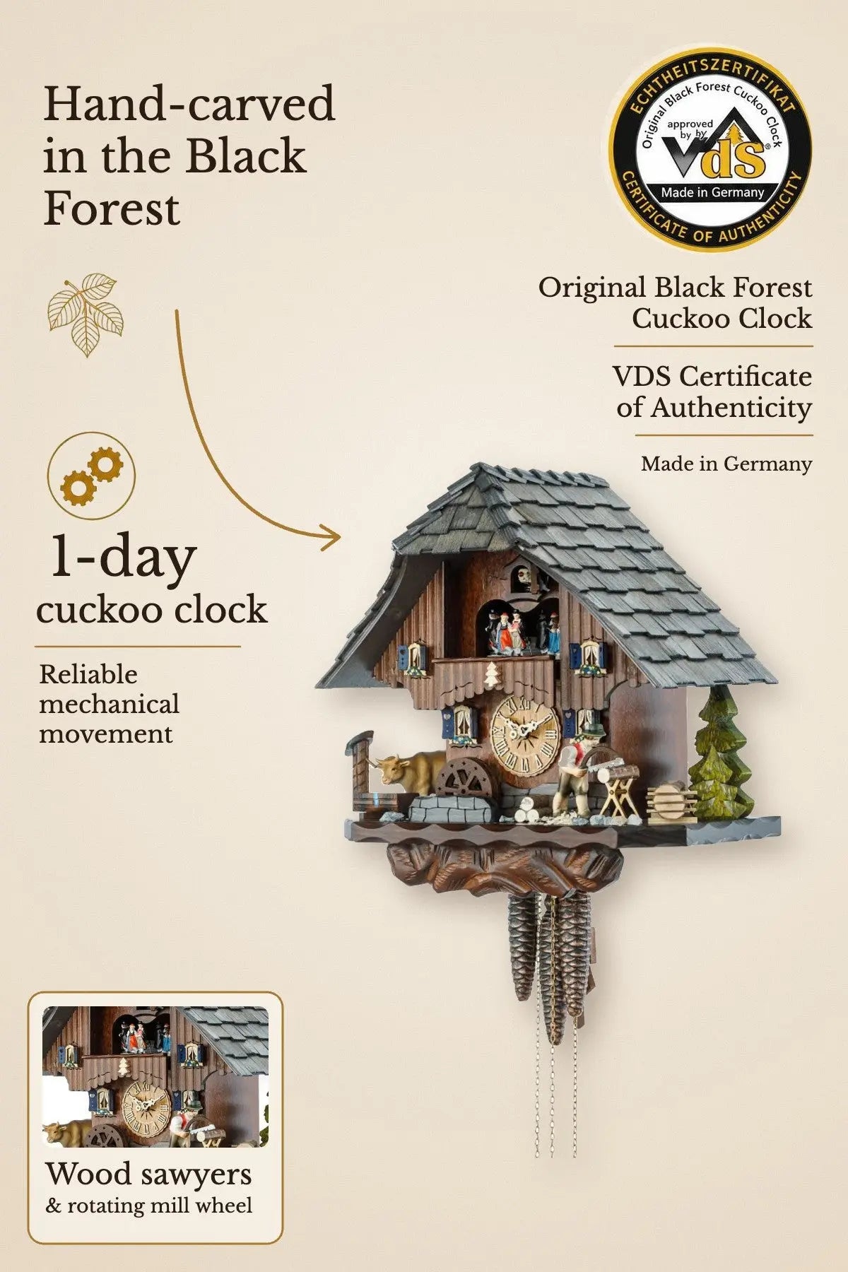 Wooden sawyer with Black Forest house, gray roof, 1 day cuckoo clock – VDS certified | Montag Steins & Clocks
