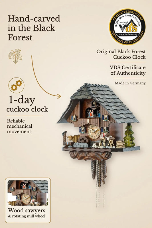 Wooden sawyer with Black Forest house, gray roof, 1 day cuckoo clock – VDS certified | Montag Steins & Clocks