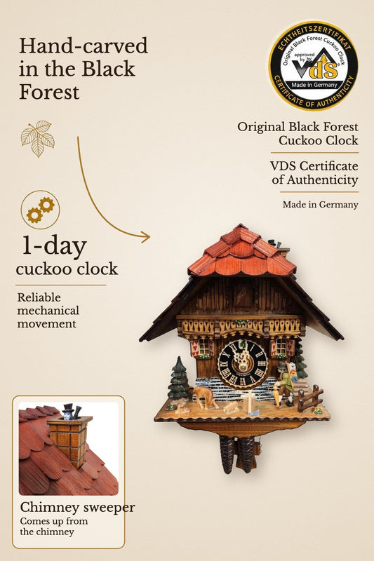 Clock pedler and chimney sweeper 1 day cuckoo clock – hand-carved, VDS certified | Montag Steins & Clocks