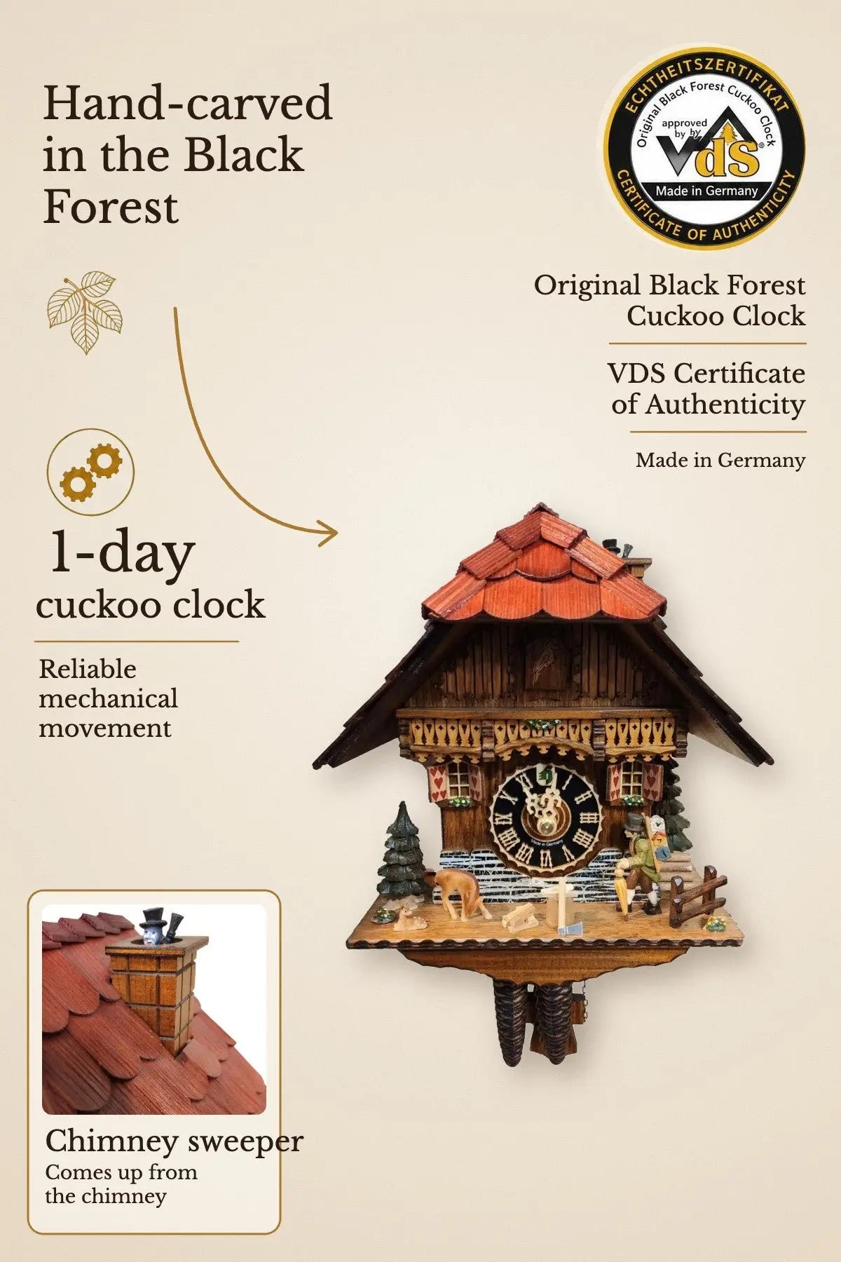 Clock pedler and chimney sweeper 1 day cuckoo clock – hand-carved, VDS certified | Montag Steins & Clocks