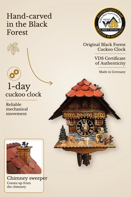Clock pedler and chimney sweeper 1 day cuckoo clock – hand-carved, VDS certified | Montag Steins & Clocks