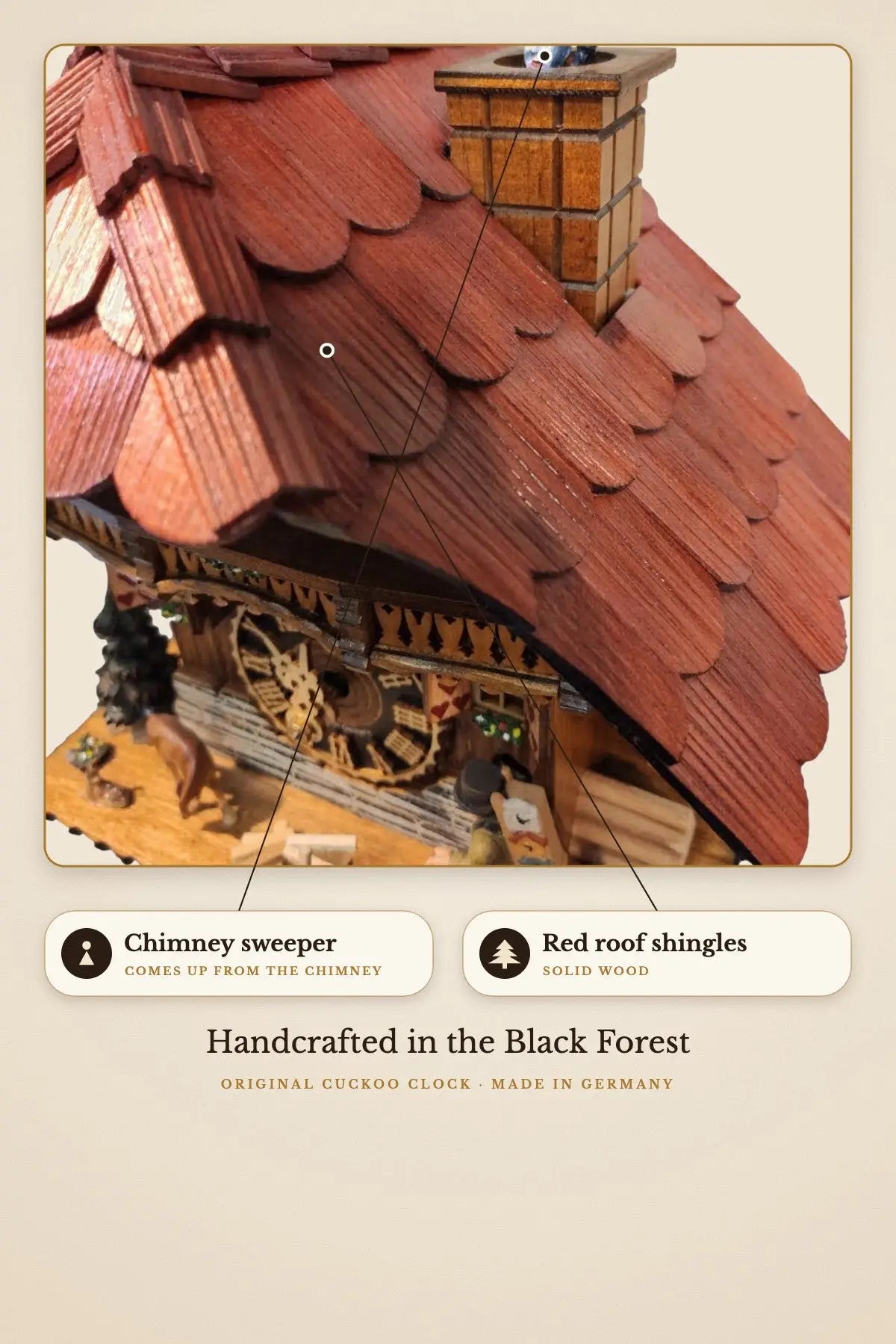 Chimney sweeper comes up from the chimney, red roof shingles | Montag Steins & Clocks