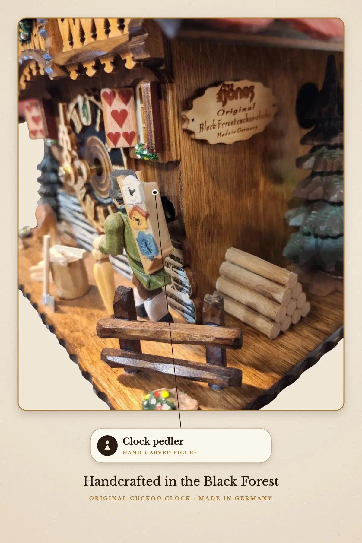 Hand-carved clock pedler figure | Montag Steins & Clocks